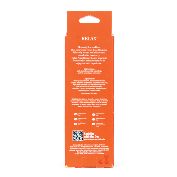 Back panel packaging view of the orange retail box detailing product description ("delicately warms and relaxes anal muscles for easy entry"), directions, ingredients list, multi-language callouts, social media handles, and cruelty-free icon.