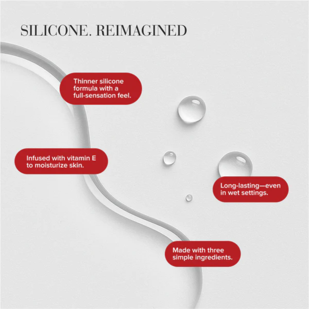 An infographic titled "SILICONE. REIMAGINED" featuring clear liquid droplets on a light grey background. It highlights key product benefits in red bubbles, including its thin formula, vitamin E infusion, and water resistance.