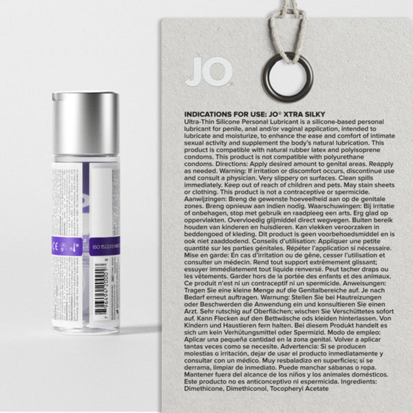 The back label of a JO Xtra Silky bottle displayed next to a magnified, easy-to-read version of its "Indications for Use" text. The panel details application directions, warnings, and ingredients.