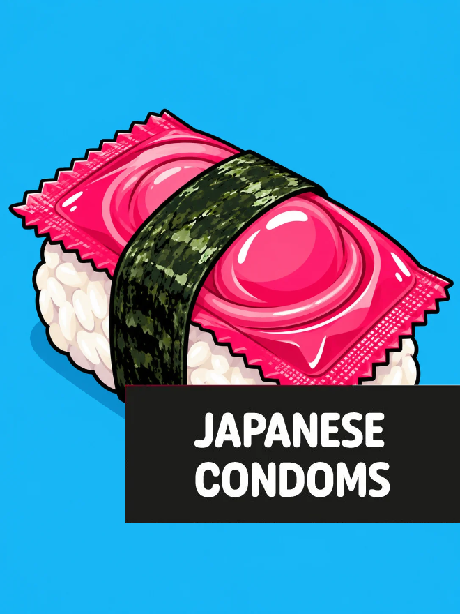 A sushi piece wrapped in seaweed and topped with a pink condom package on a blue background.