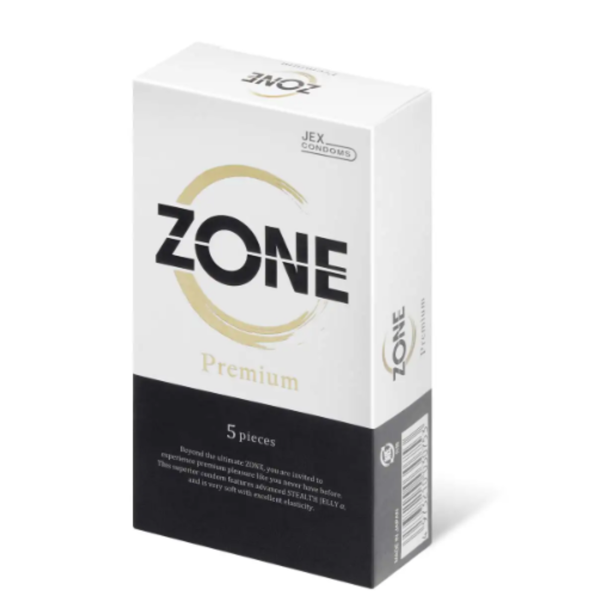 Perspective view of the white and black Jex Zone Premium 5-pack box featuring a gold brush-stroke circle logo. Imagen principal del producto