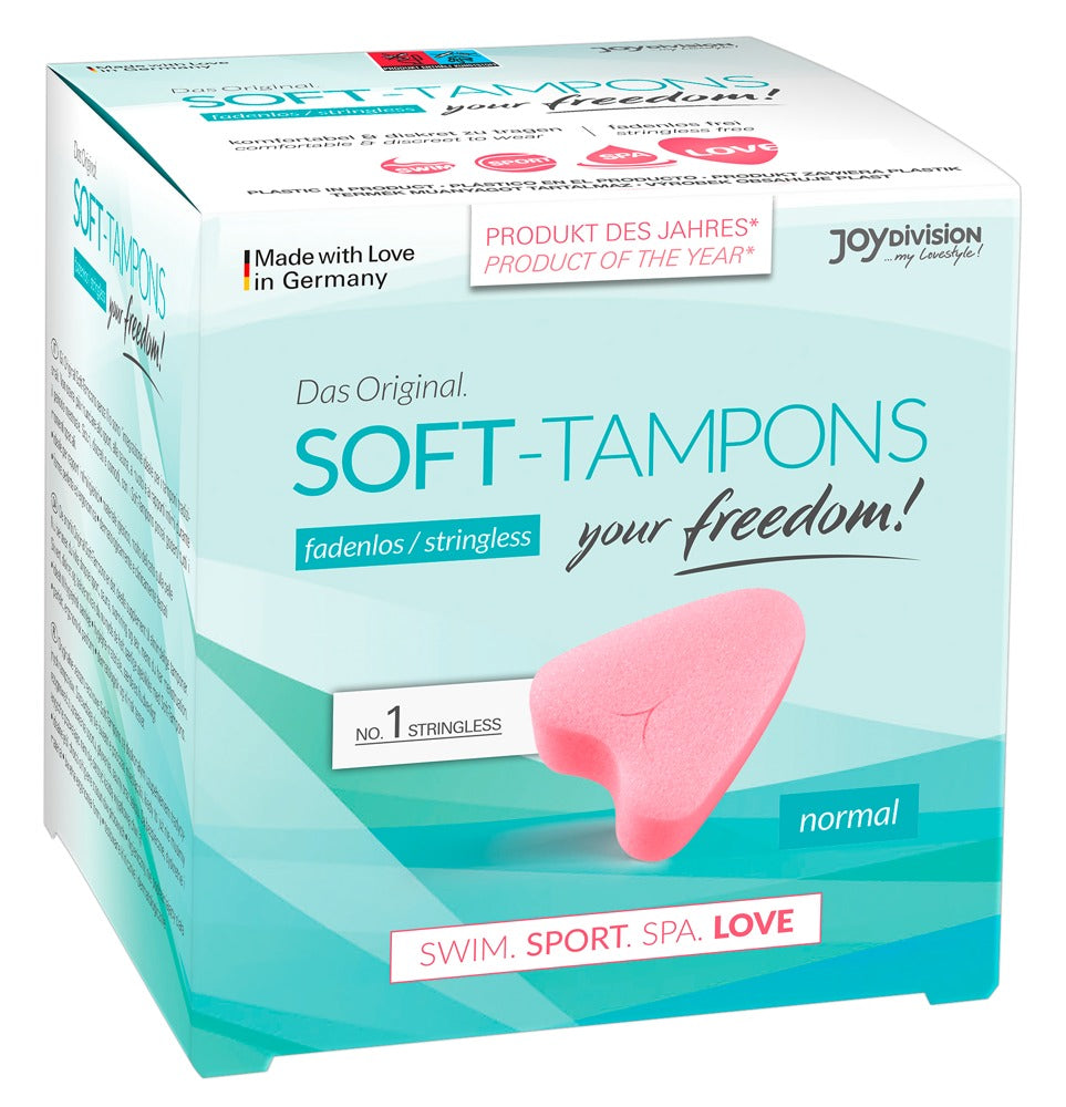 JoyDivision normal-sized stringless Soft-Tampons. The box features an image of the pink, heart-shaped tampon. Imagen principal del producto