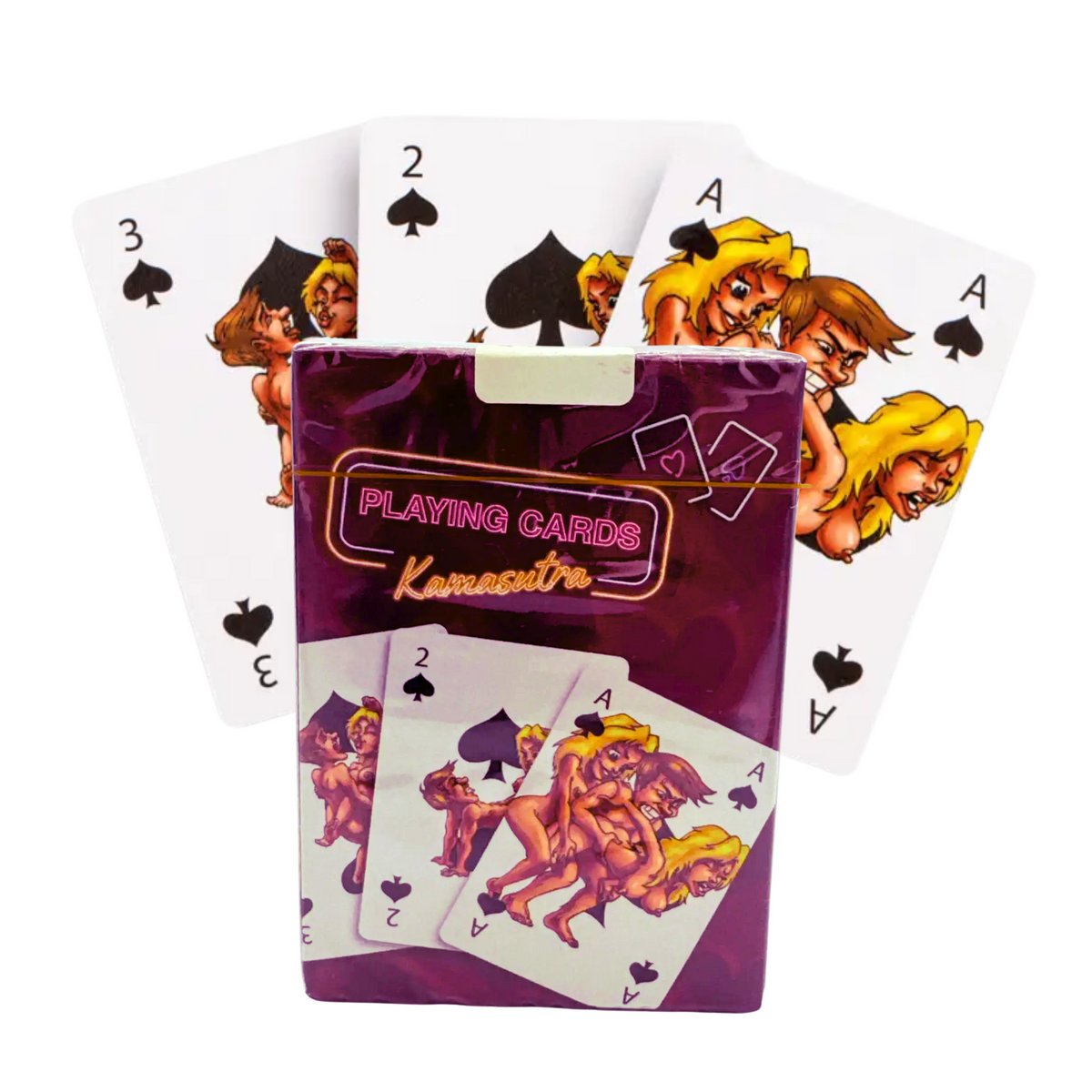 Playing cards with colorful Kamasutra designs on a white background