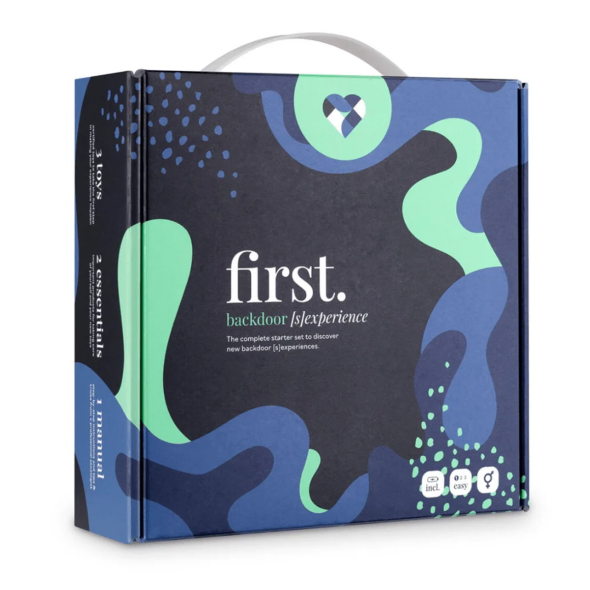 Front view of the dark blue and green box for the LoveBoxxx First Backdoor Starter Set. Imagen principal del producto