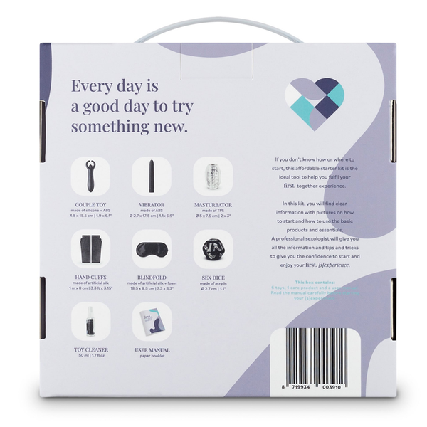 Back of the LoveBoxxx First Together Starter Set, detailing the eight included items: Couple Toy, Vibrator, Masturbator, Hand Cuffs, Blindfold, Sex Dice, Toy Cleaner, and User Manual.