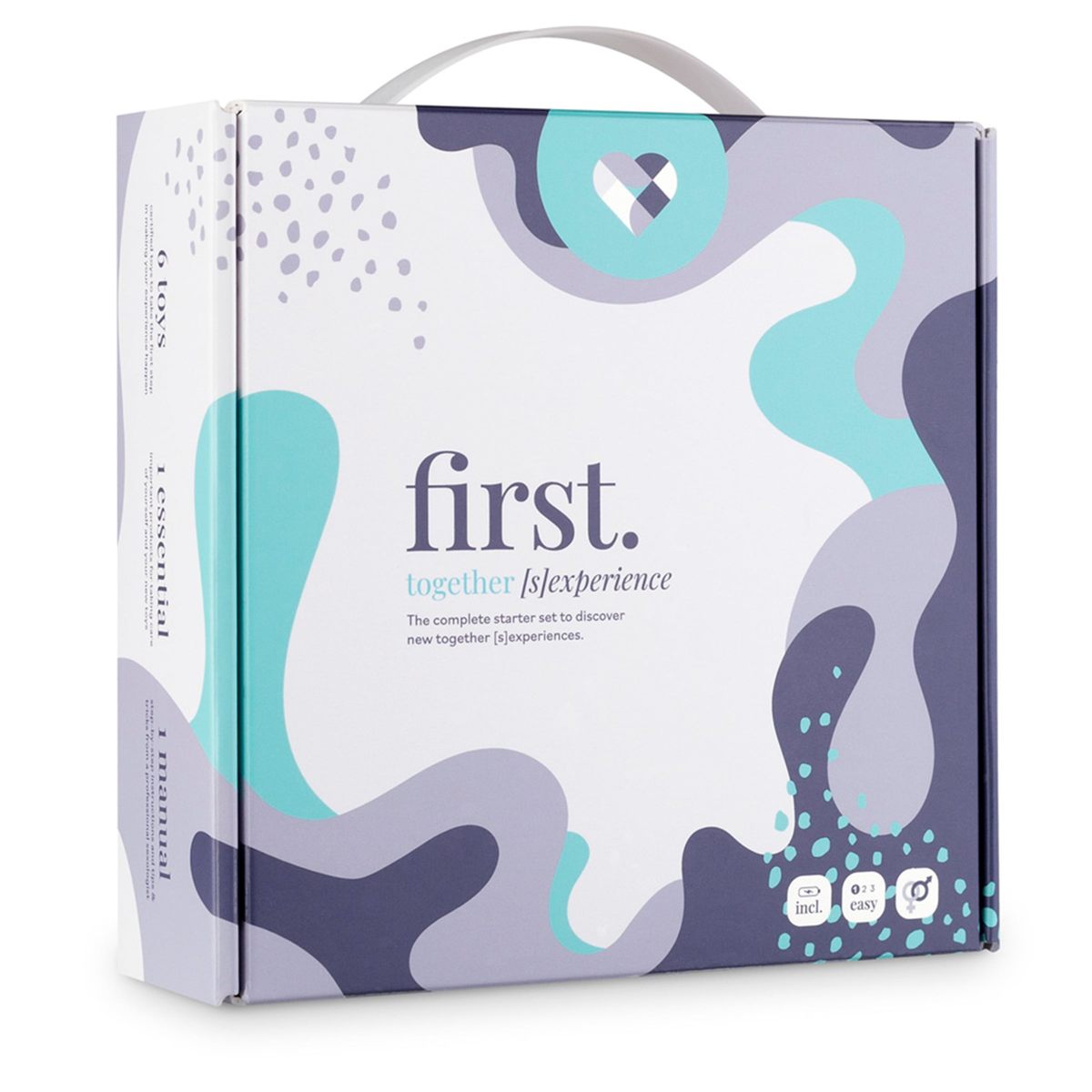 Front view of the white, teal, and purple box for the LoveBoxxx First Together Starter Set.