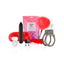 A seven-piece gift set, including a black bullet vibrator, silver metal handcuffs, a red feather tickler, a red eye mask, a bottle of massage oil/lotion, a clear ring, and a bag of rose petals.