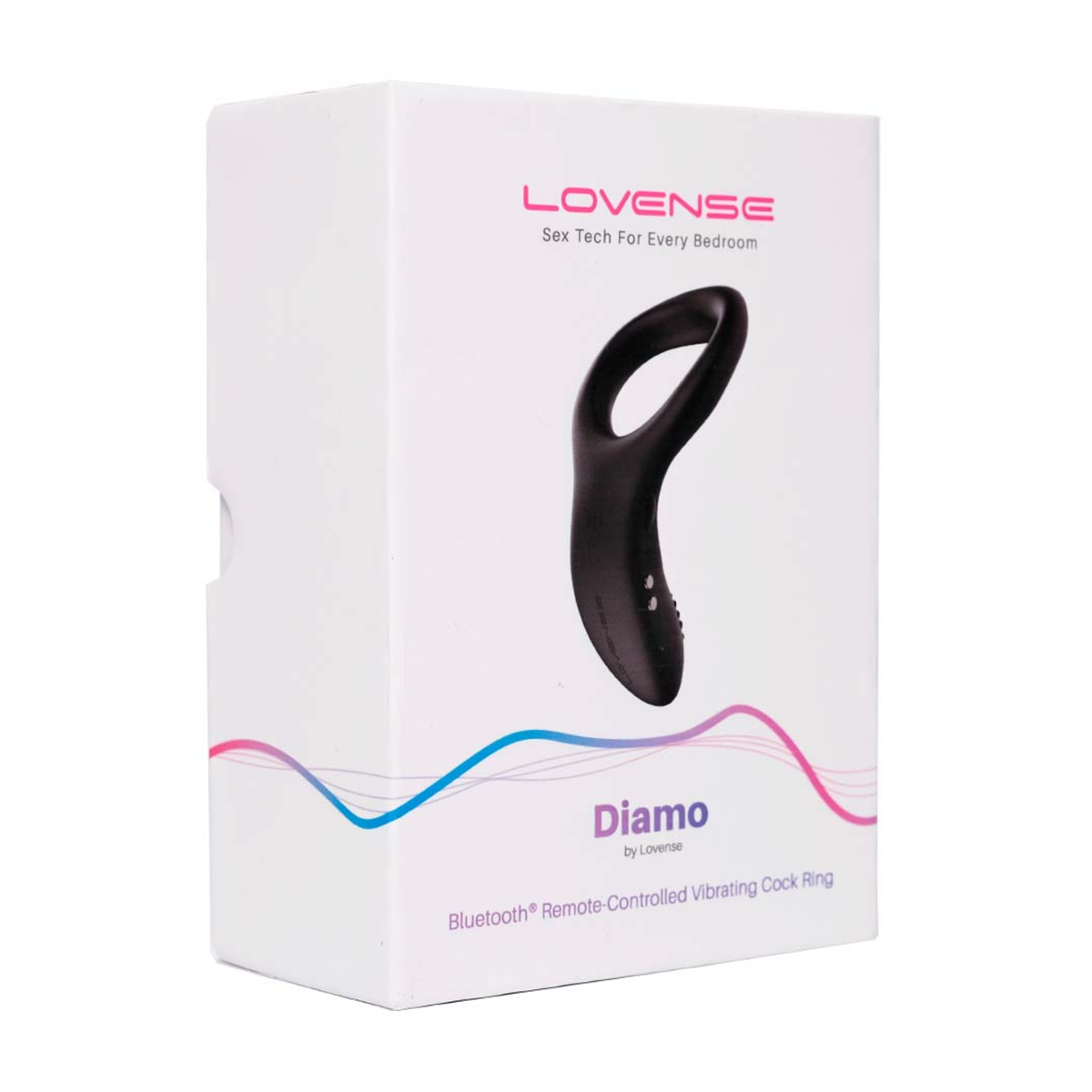 Retail box packaging view for the white Lovense Diamo Bluetooth Remote-Controlled Vibrating Cock Ring box. Imagen principal del producto