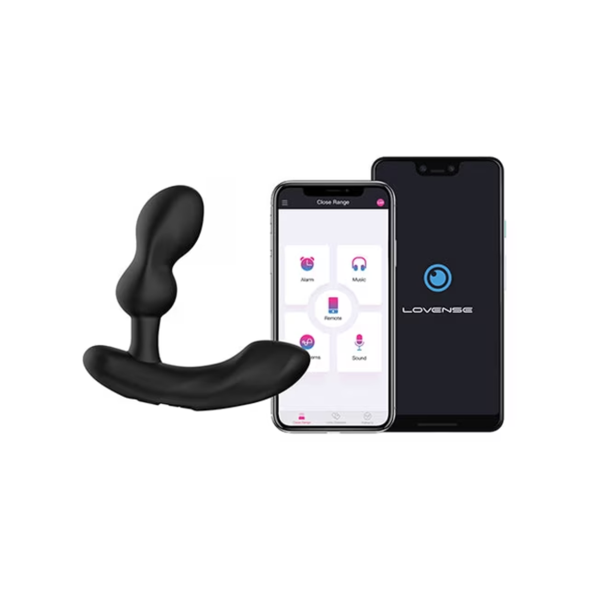 Studio product shot of the black Lovense Edge 2 prostate massager next to two smartphones displaying the Lovense remote control app interface.