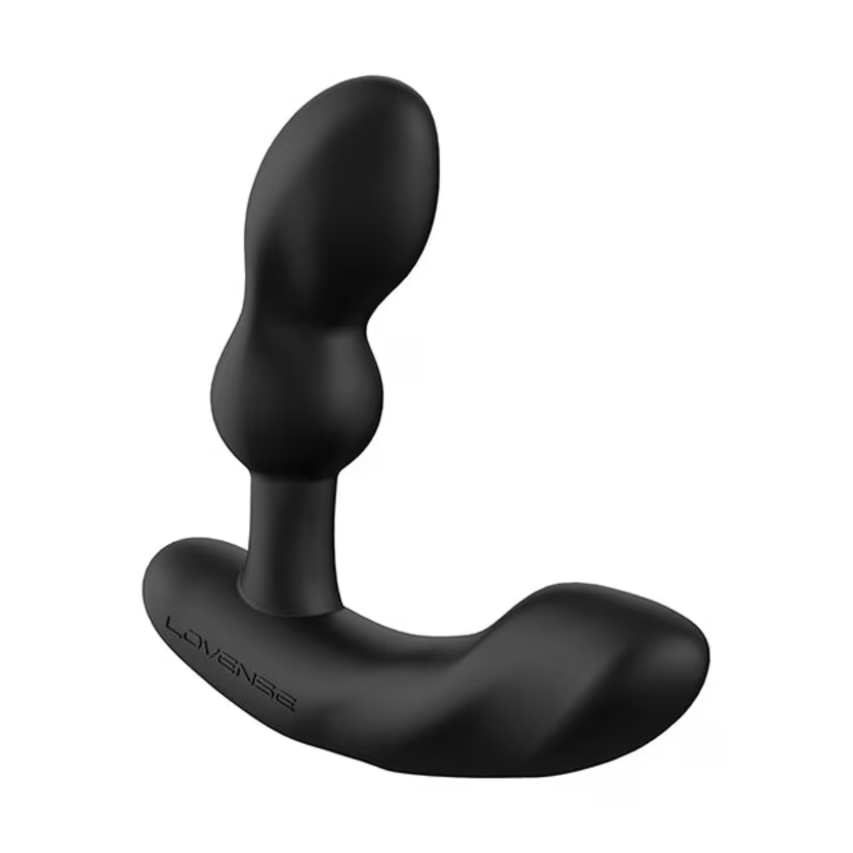 Isolated product view of the black Lovense Edge 2 adjustable prostate massager standing upright on its curved base.
