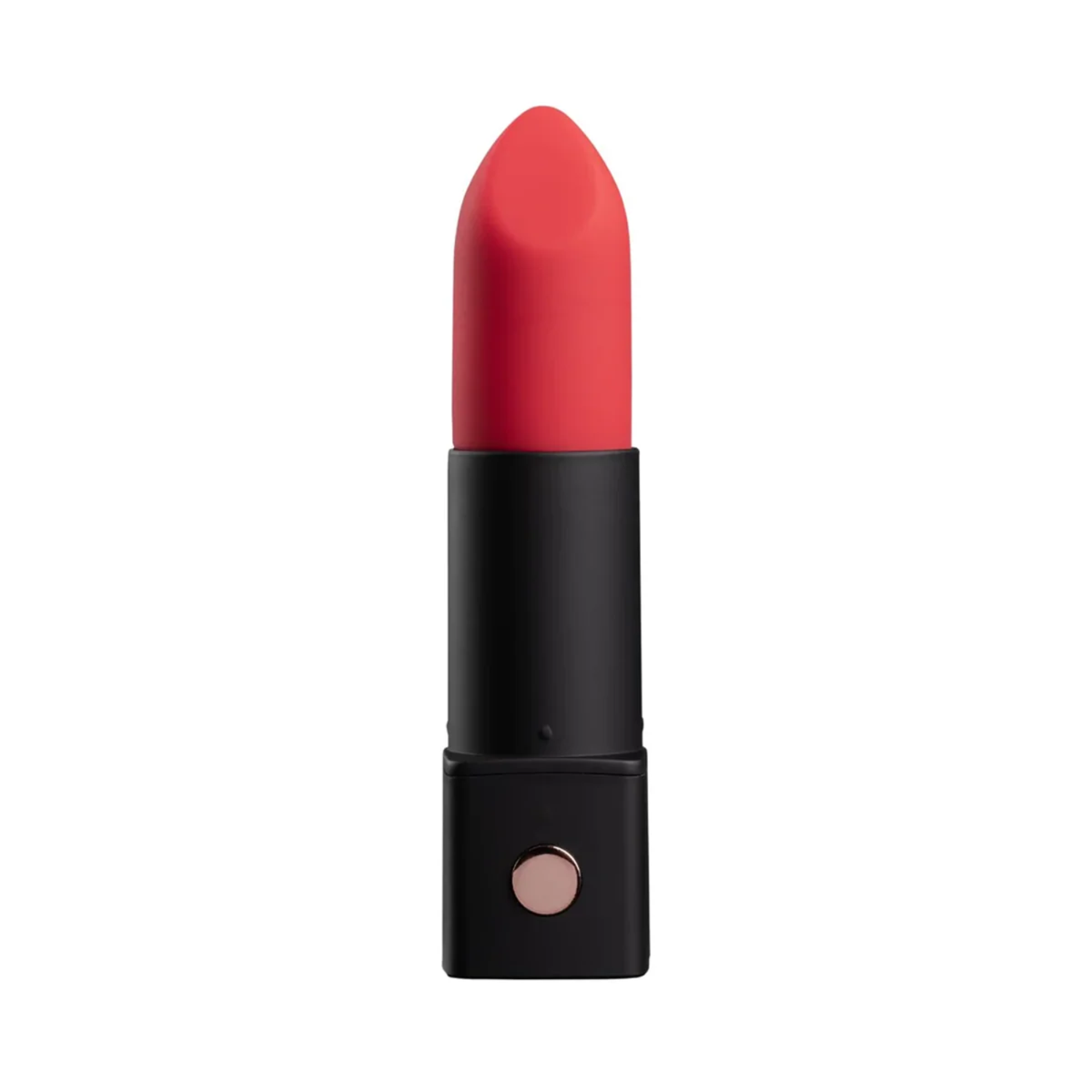 Studio product view of the open Lovense Exomoon vibrator showing its red silicone tip, black housing, and metallic round button.