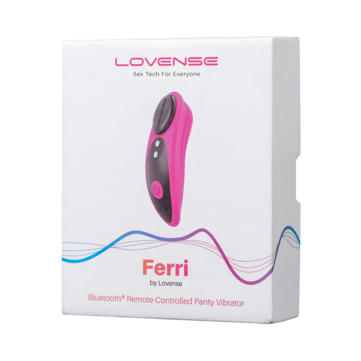Retail box packaging view for the white Lovense Ferri Bluetooth Remote-Controlled Panty Vibrator box. Imagen principal del producto