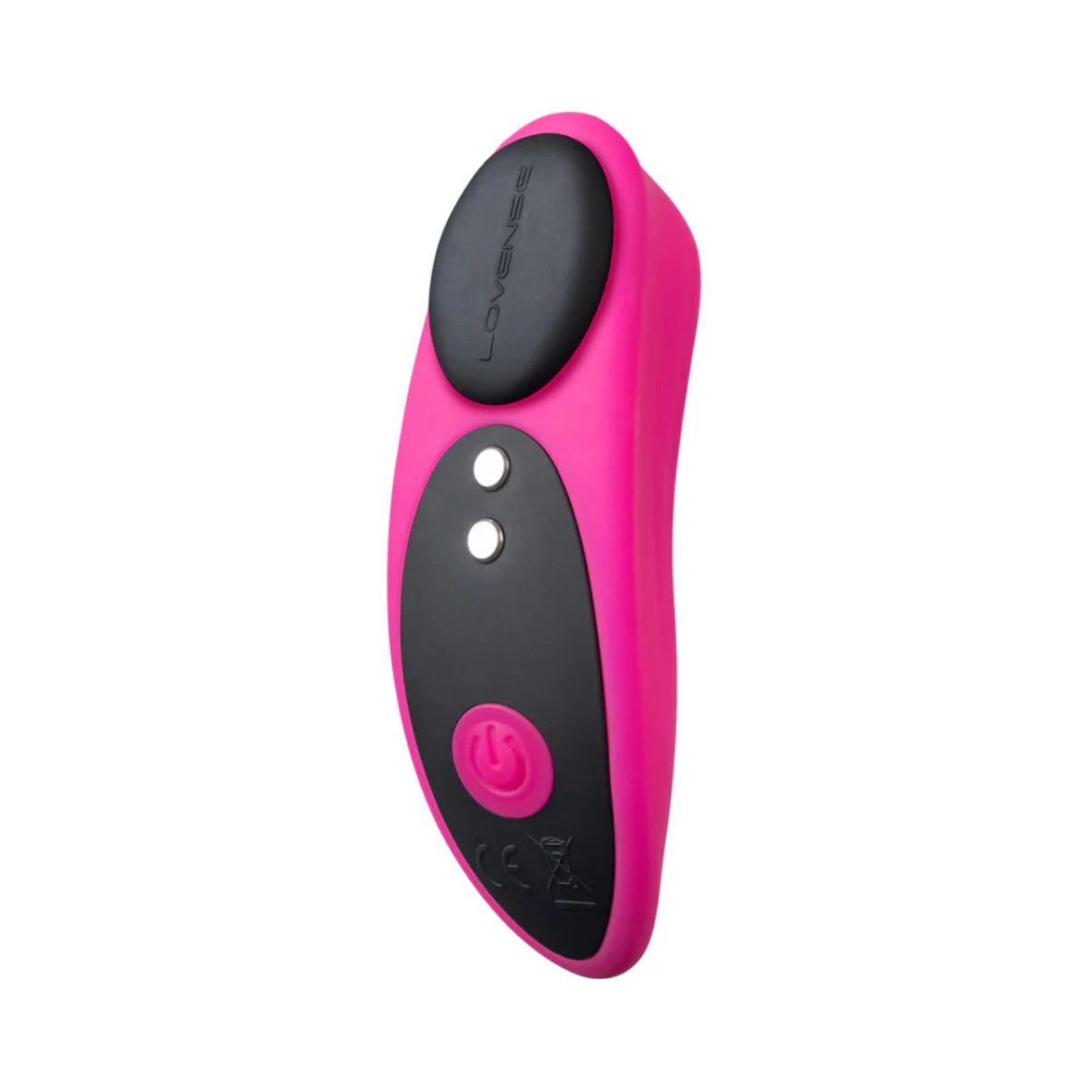 Isolated product view of the pink and black Lovense Ferri panty massager with its black magnetic clip attached.