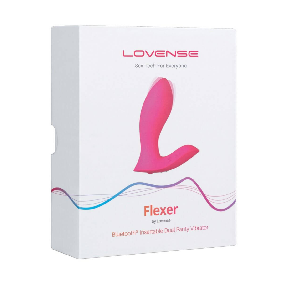 Retail box packaging view for the white Lovense Flexer Bluetooth Insertable Dual Panty Vibrator box.