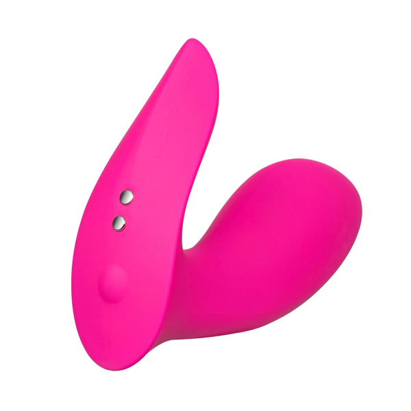 Close-up view of the pink Lovense Flexer base highlighting its magnetic charging contacts and single power button.