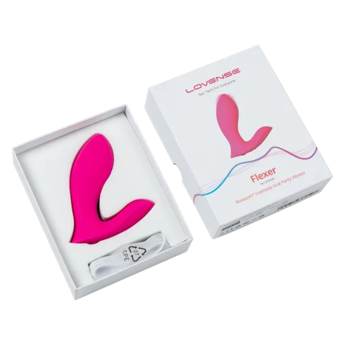 Unboxing perspective photo showing the pink Lovense Flexer vibrator and charging cable resting inside the white open packaging box next to its lid.