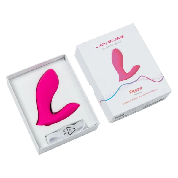 Unboxing perspective photo showing the pink Lovense Flexer vibrator and charging cable resting inside the white open packaging box next to its lid.