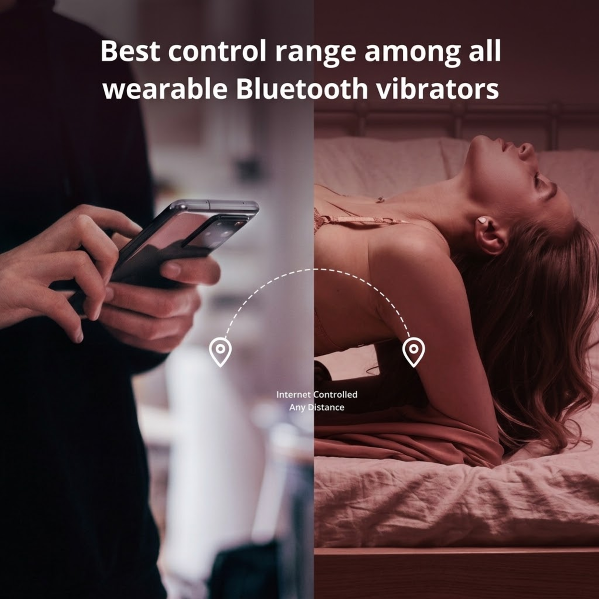 Lifestyle shot labeled "Partner Play" showing a woman relaxing in bed with circular vibration wave graphics overlaying the pink Flexer device.