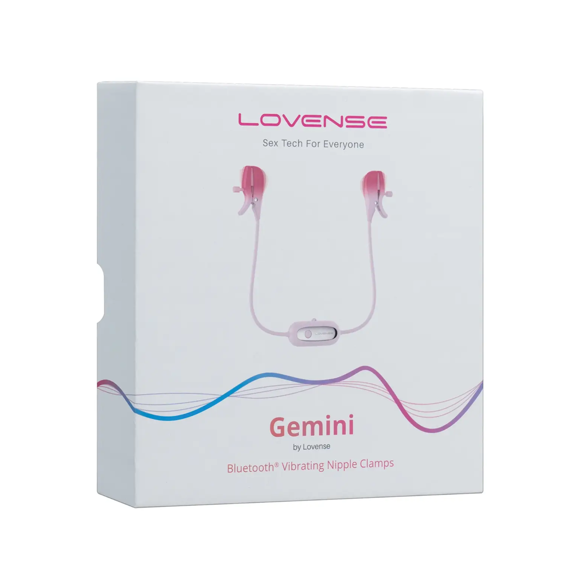 Front packaging shot showing the white retail box for the Lovense Gemini Bluetooth Vibrating Nipple Clamps. Imagen principal del producto