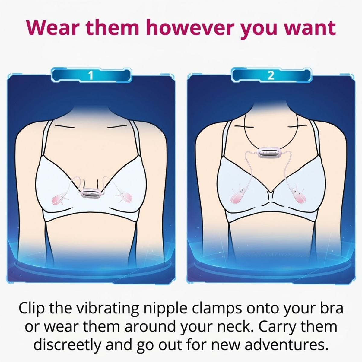 Instructional graphic titled "Wear them however you want", illustrating options to clip the central module onto a bra or wear it around the neck using a lanyard cord.