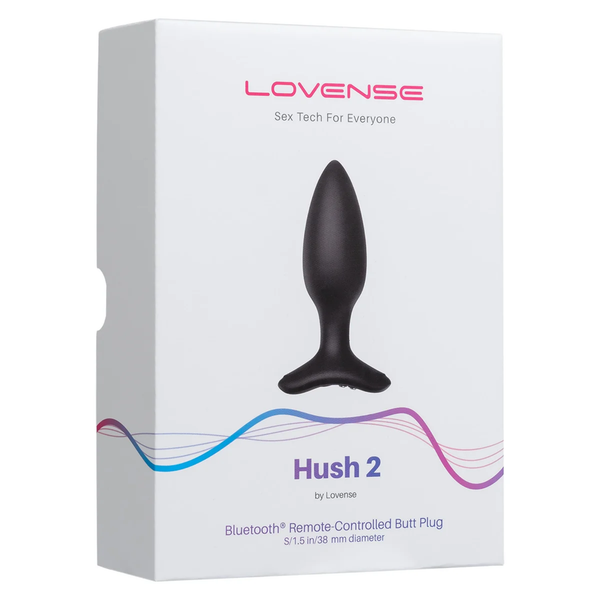 Retail box packaging view for the Lovense Hush 2 Bluetooth Remote-Controlled Butt Plug with  a width of 1.5" (38mm) diameter.