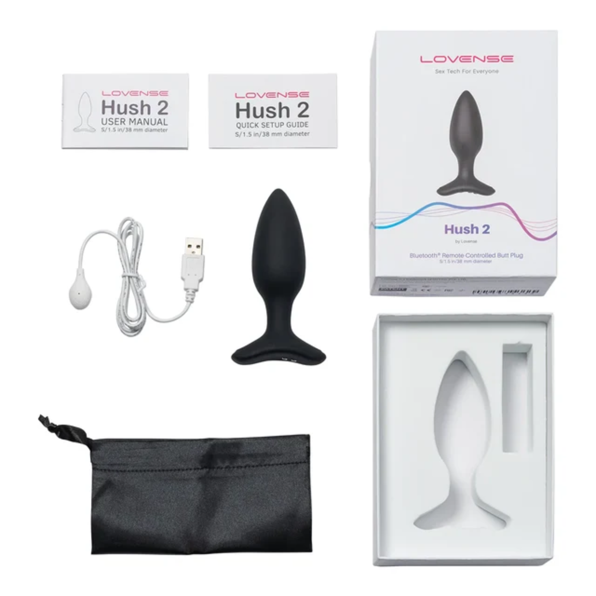 Flat-lay collection photo displaying the 1.5-inch Lovense Hush 2 butt plug, retail box, user manual, quick setup guide, USB charging cable, satin storage pouch, and packaging insert.