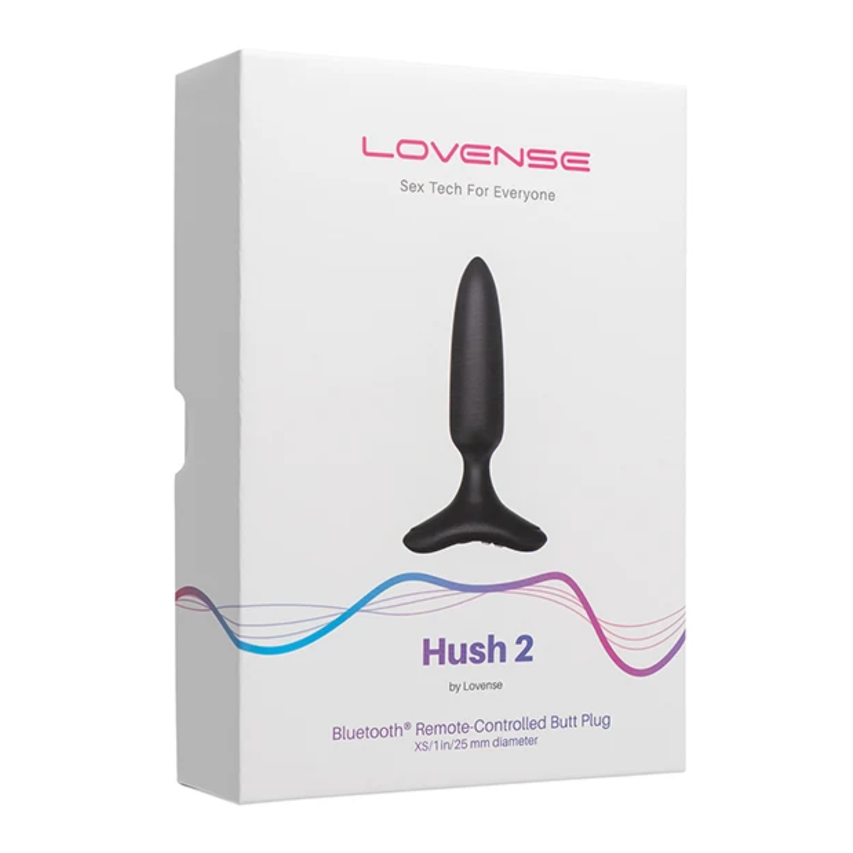Retail box packaging view for the Lovense Hush 2 Bluetooth Remote-Controlled Butt Plug (Extra Small / 1 in / 25 mm diameter). Imagen principal del producto