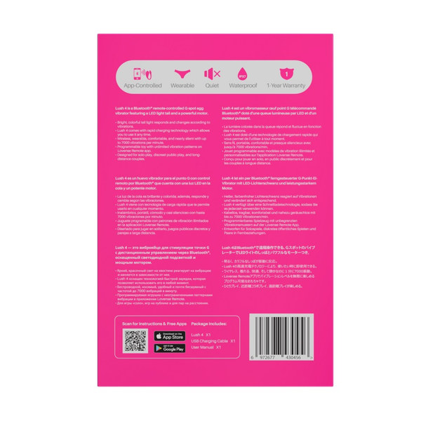 Back panel of the box displaying multi-language product features, safety ratings (IPX7 Waterproof), package contents, and barcode.