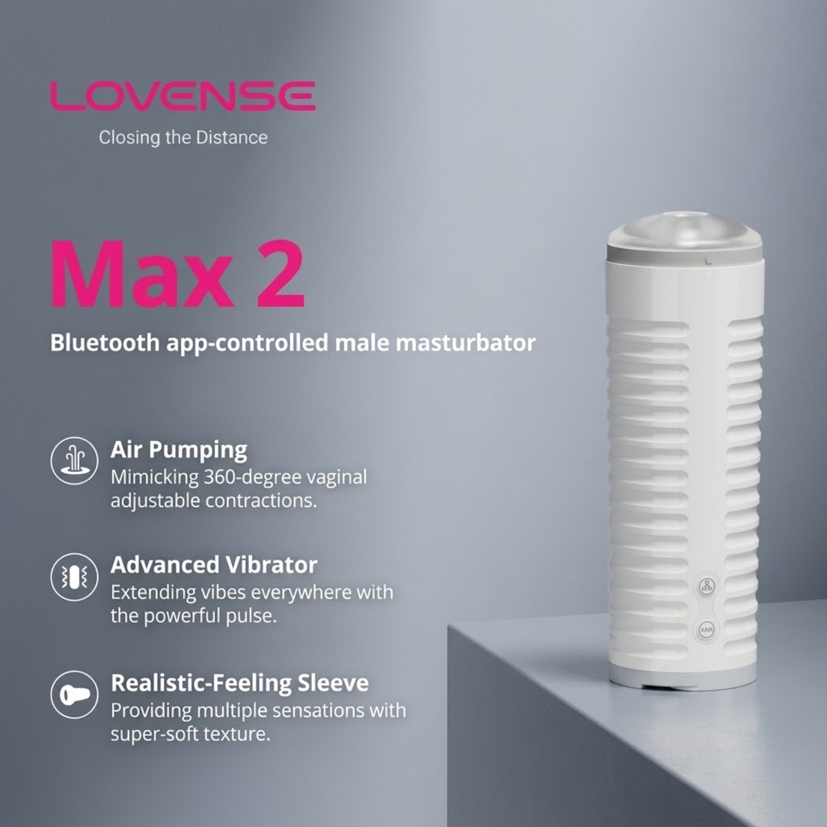 Feature graphic detailing the key selling points of the Lovense Max 2: Air Pumping, Advanced Vibrator, and Realistic-Feeling Sleeve.