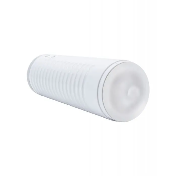 Angled perspective view of the white Lovense Max 2 masturbator lying on its side, providing a view of its top entry sleeve opening.