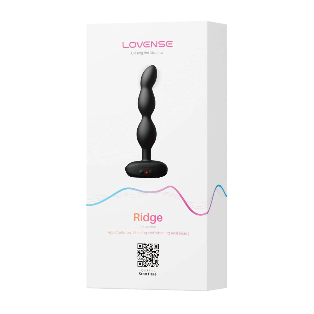 Retail box packaging view for the white Lovense Ridge App Controlled Rotating and Vibrating Anal Beads box. Imagen principal del producto