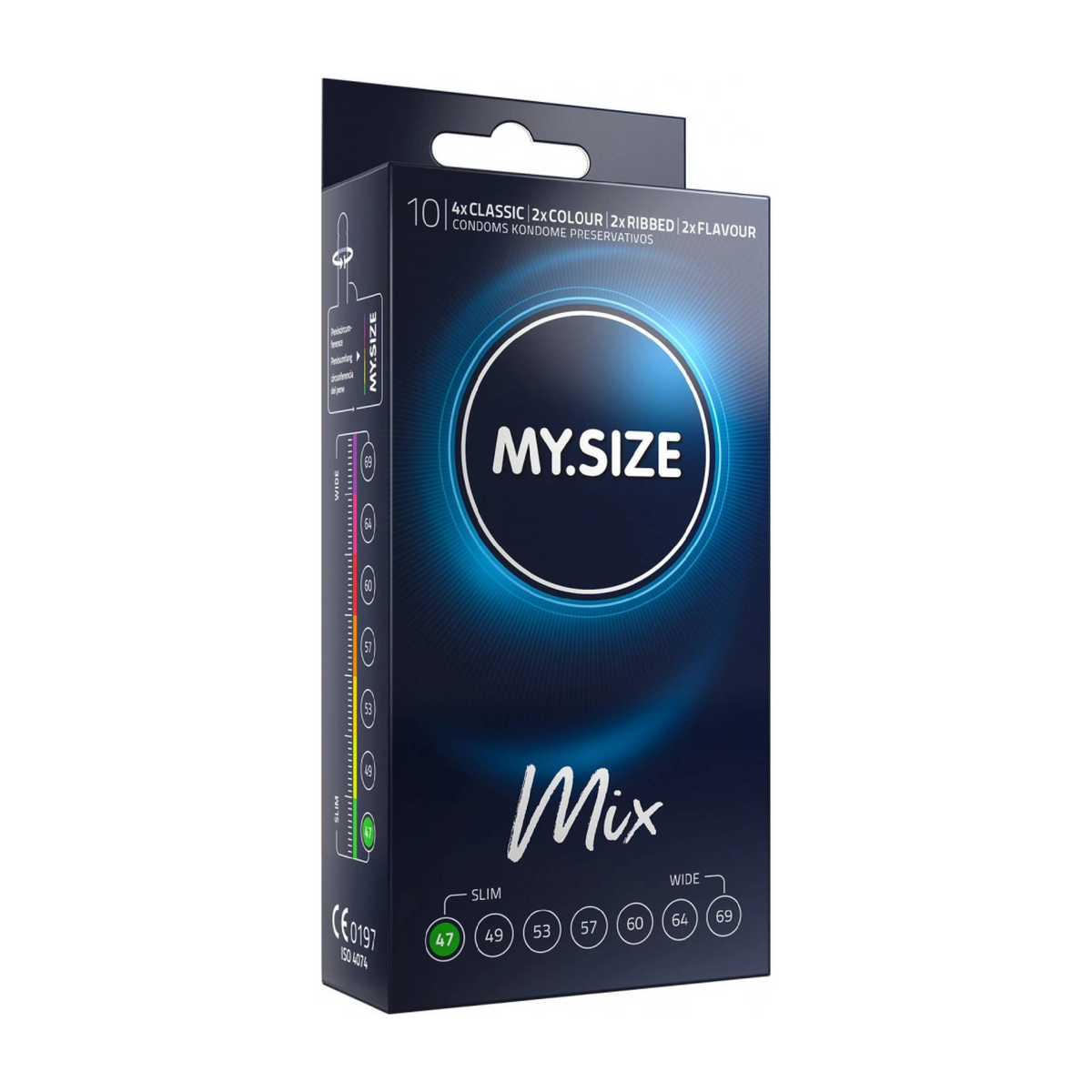 An image of a box of MY.SIZE 47mm Mix condoms. The box is dark blue with a prominent circular design in the center that glows with blue and white light, featuring the white text MY.SIZE. The top of the box indicates it contains a "Mix Box of 10" condoms, including "5x CLASSIC," "2x COLOUR," "2x RIBBED," and "2x FLAVOUR." The bottom front of the box displays a highlighted size "47". Imagen principal del producto
