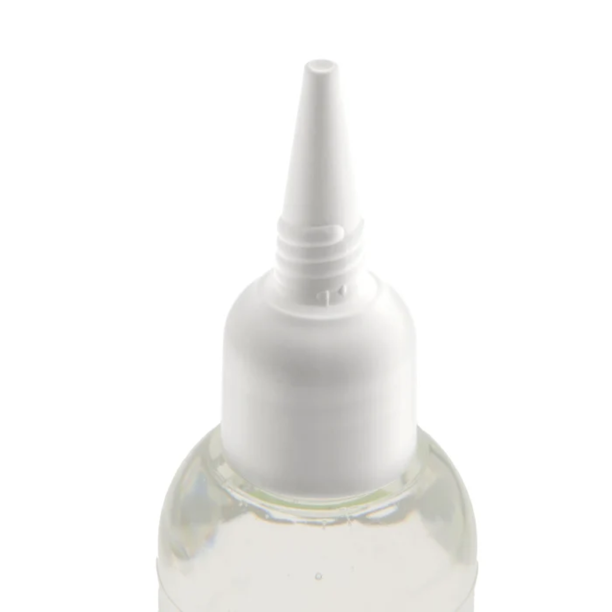 Close-up studio shot focusing on the white plastic twist-open precision nozzle tip attached to the top of the bottle.