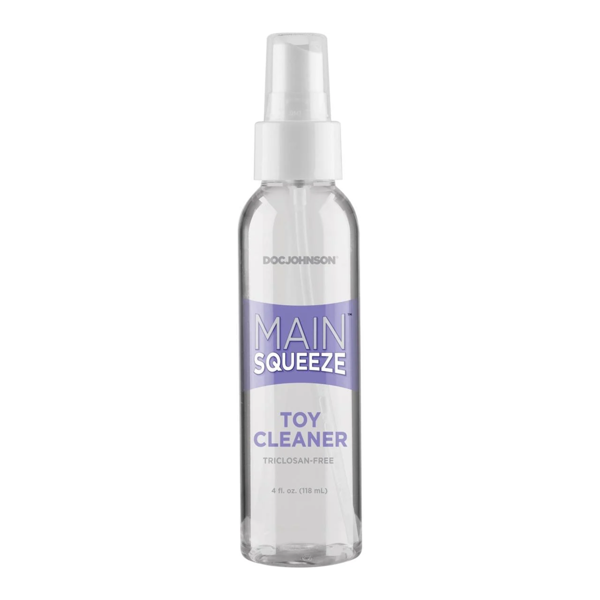 Front studio view of the 4 fl oz (118 ml) clear spray bottle of Doc Johnson Main Squeeze Toy Cleaner with lavender branding accents and a clear spray cap. Imagen principal del producto