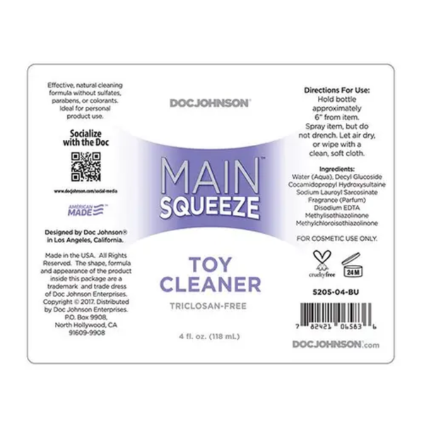 Flat-lay label graphic for Doc Johnson Main Squeeze Toy Cleaner displaying directions for use, ingredients list, triclosan-free claim, cruelty-free logo, and barcode.