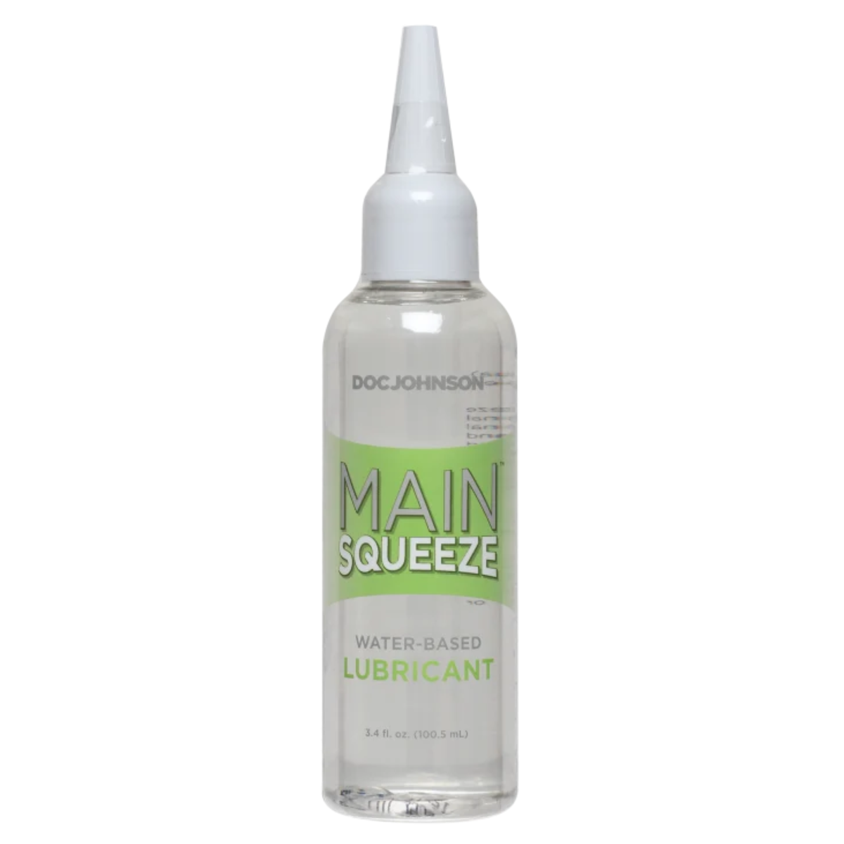 Front studio view of the 3.4 fl oz (100.5 ml) clear squeeze bottle of Main Squeeze Water-Based Lubricant with lime green branding accents and a precision applicator tip.