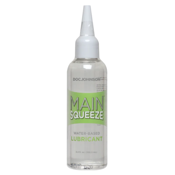 Front studio view of the 3.4 fl oz (100.5 ml) clear squeeze bottle of Main Squeeze Water-Based Lubricant with lime green branding accents and a precision applicator tip.