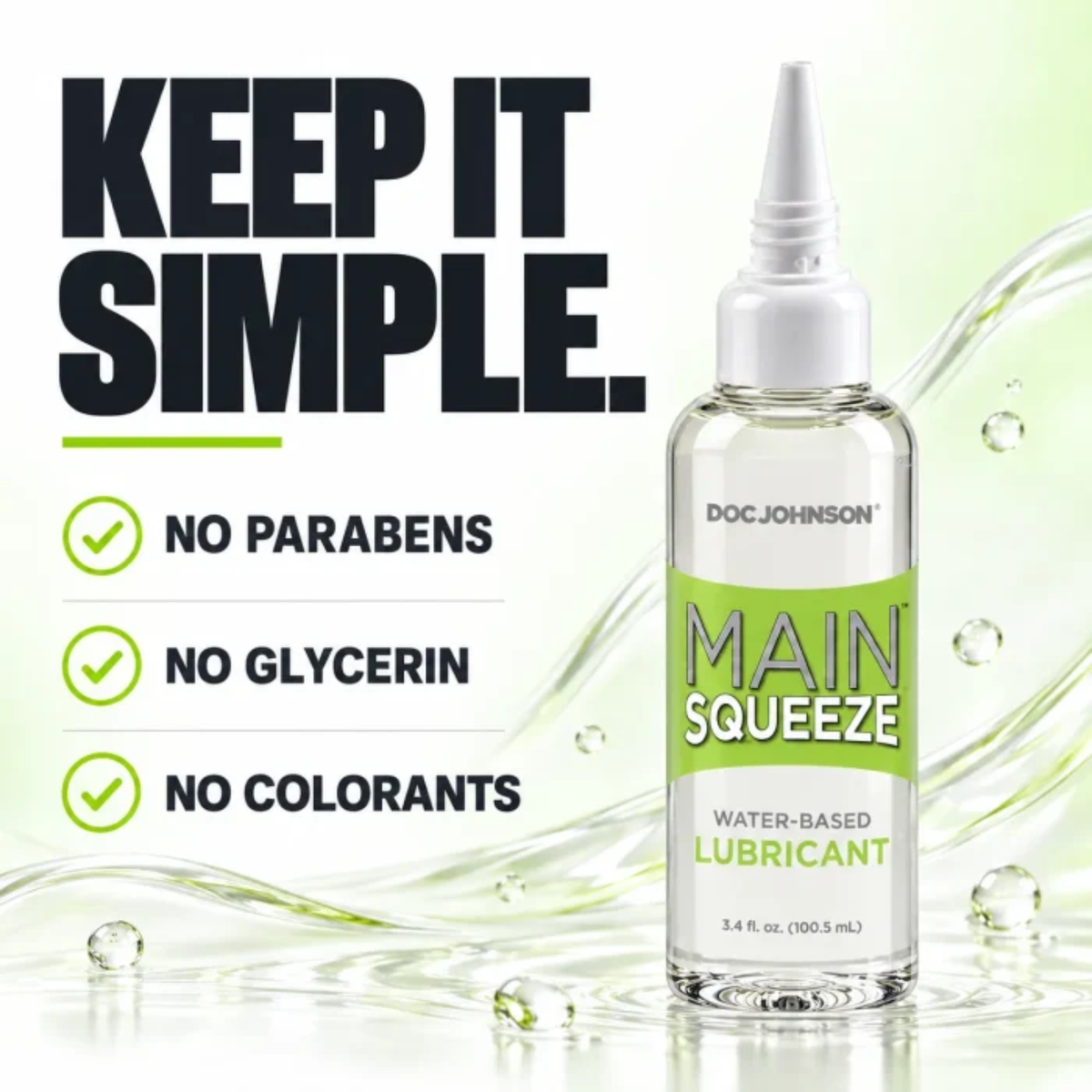 Product feature graphic titled "Keep It Simple" highlighting no parabens, no glycerin, and no colorants alongside the 3.4 fl oz bottle of Main Squeeze Water-Based Lubricant.