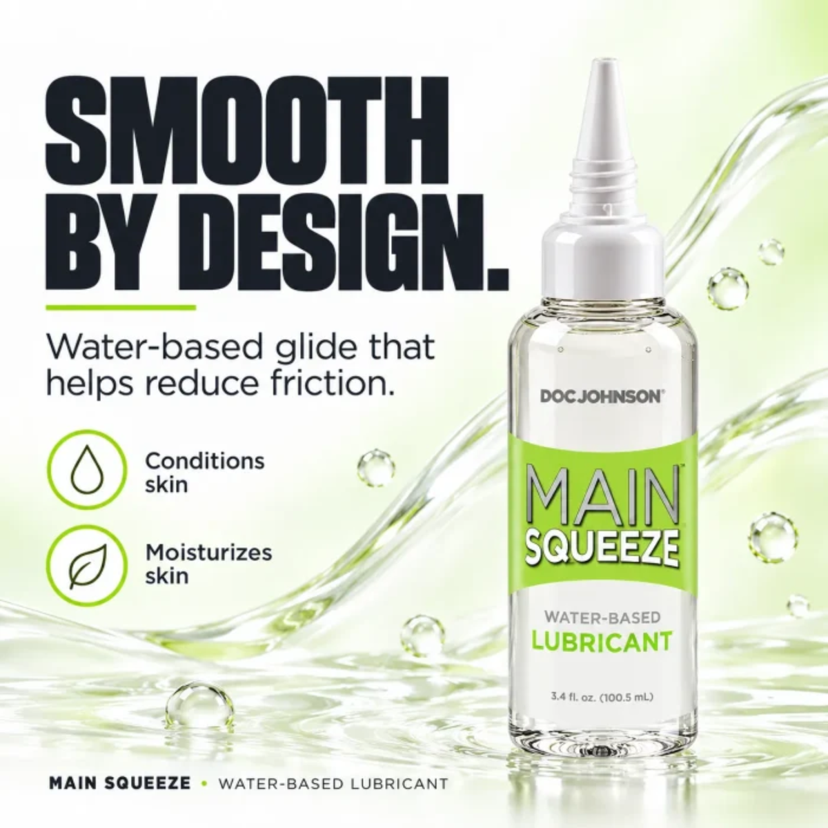 Feature graphic titled "Smooth By Design" highlighting friction-reducing properties and benefits including skin conditioning and moisturizing.