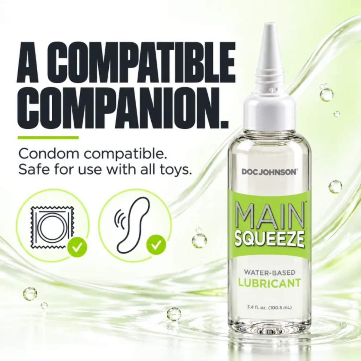 Informational graphic titled "A Compatible Companion" displaying icons indicating condom compatibility and safe use with all intimate toys.