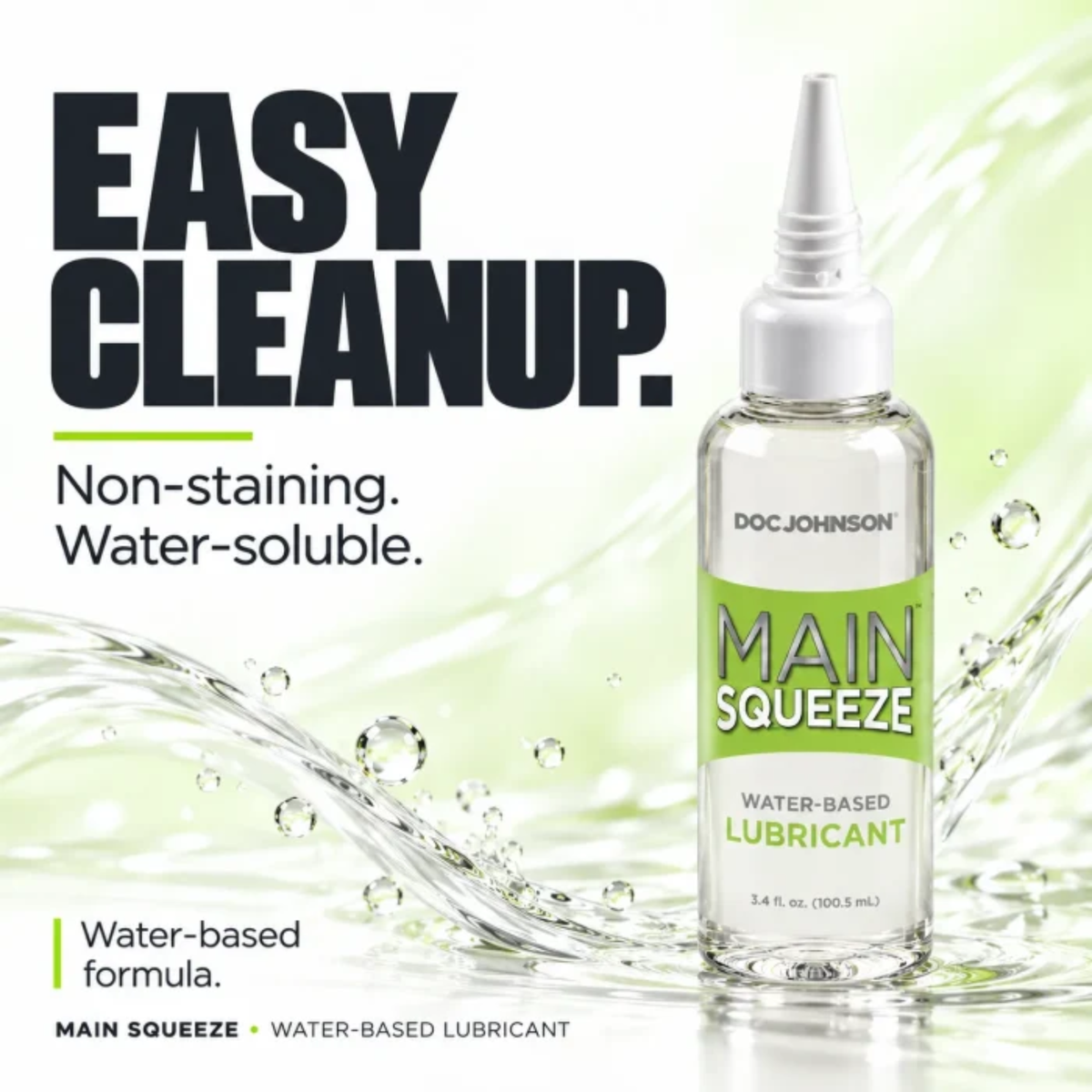 Product graphic titled "Easy Cleanup" emphasizing the non-staining, water-soluble, and water-based formula set against a splash backdrop.