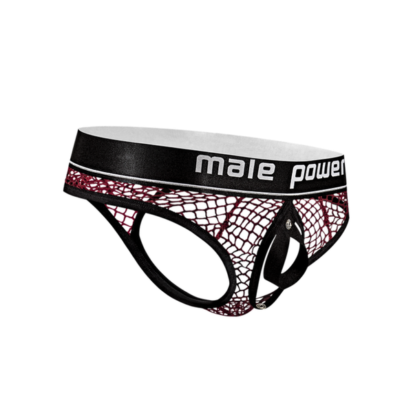 Isolated product view of the burgundy fishnet thong with its front pouch detached, highlighting the "Male Power" branded elastic waistband and exposed interior C-ring loop.