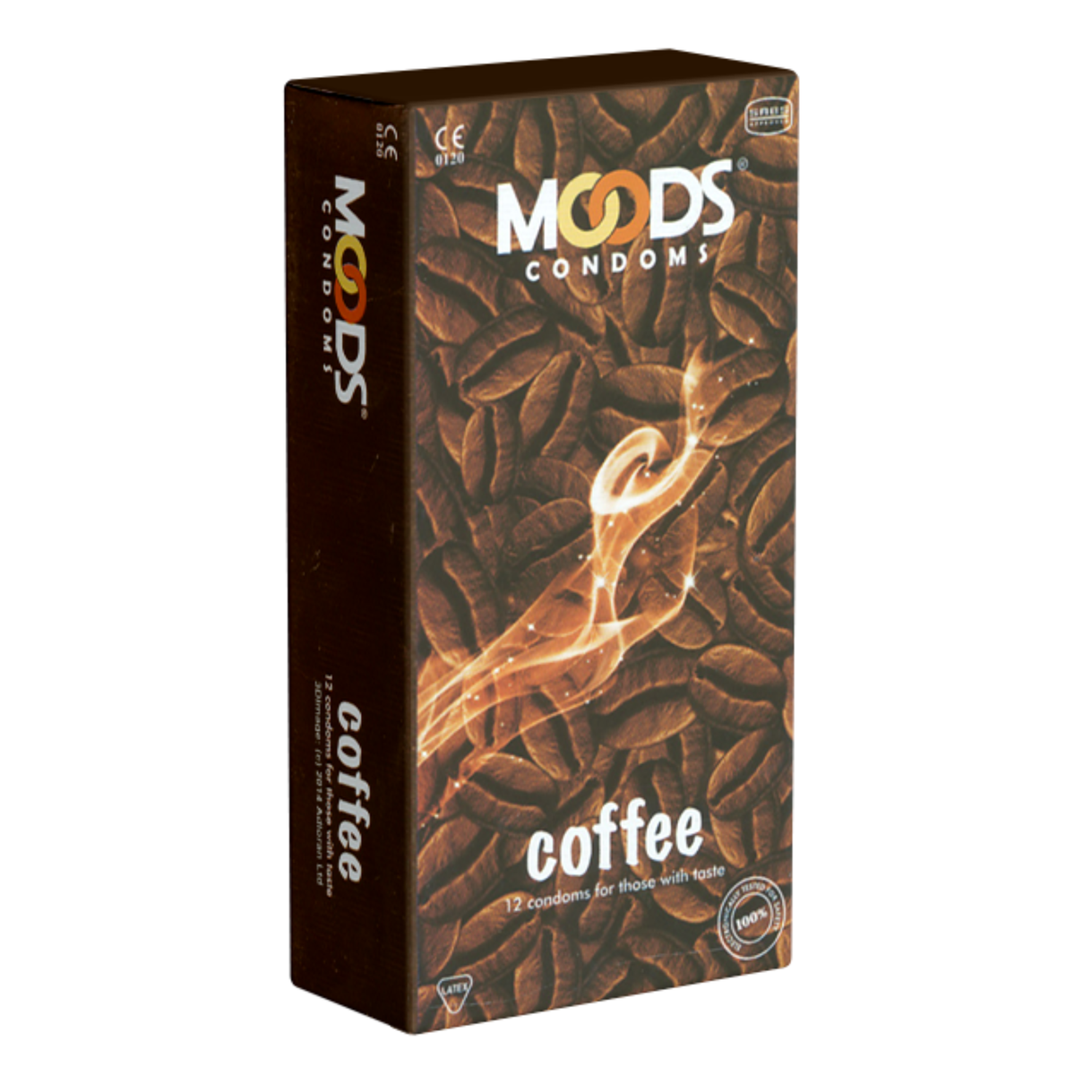 Studio product shot of the Moods Coffee Condoms 12-pack box standing upright at a three-quarter angle against a white background, featuring a background pattern of roasted coffee beans and stylized warm steam graphics. Imagen principal del producto