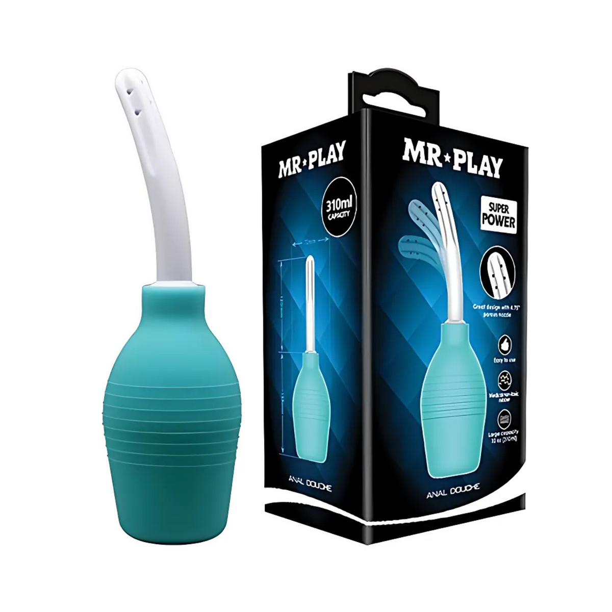 Mr. Play Anal Douche 10.5 fl.oz shown with retail box featuring 310 ml capacity and soft curved nozzle design Imagen principal del producto