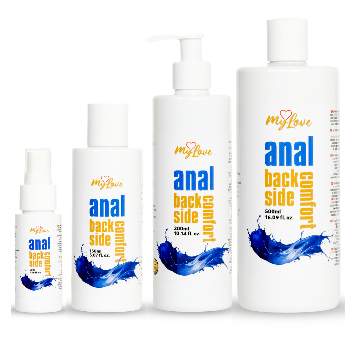 Four white bottles of MyLove Anal Back Side Comfort gel arranged side-by-side in increasing size order: 50 ml spray, 150 ml, 300 ml pump, and 500 ml. Each bottle features blue splash graphics and yellow typography. Imagen principal del producto