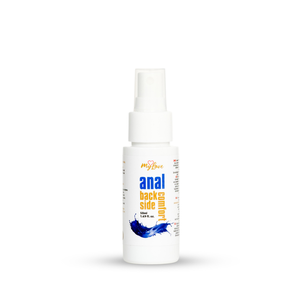 Front view of the 50 ml travel-size MyLove Anal Back Side Comfort spray bottle standing centered against a plain white backdrop.