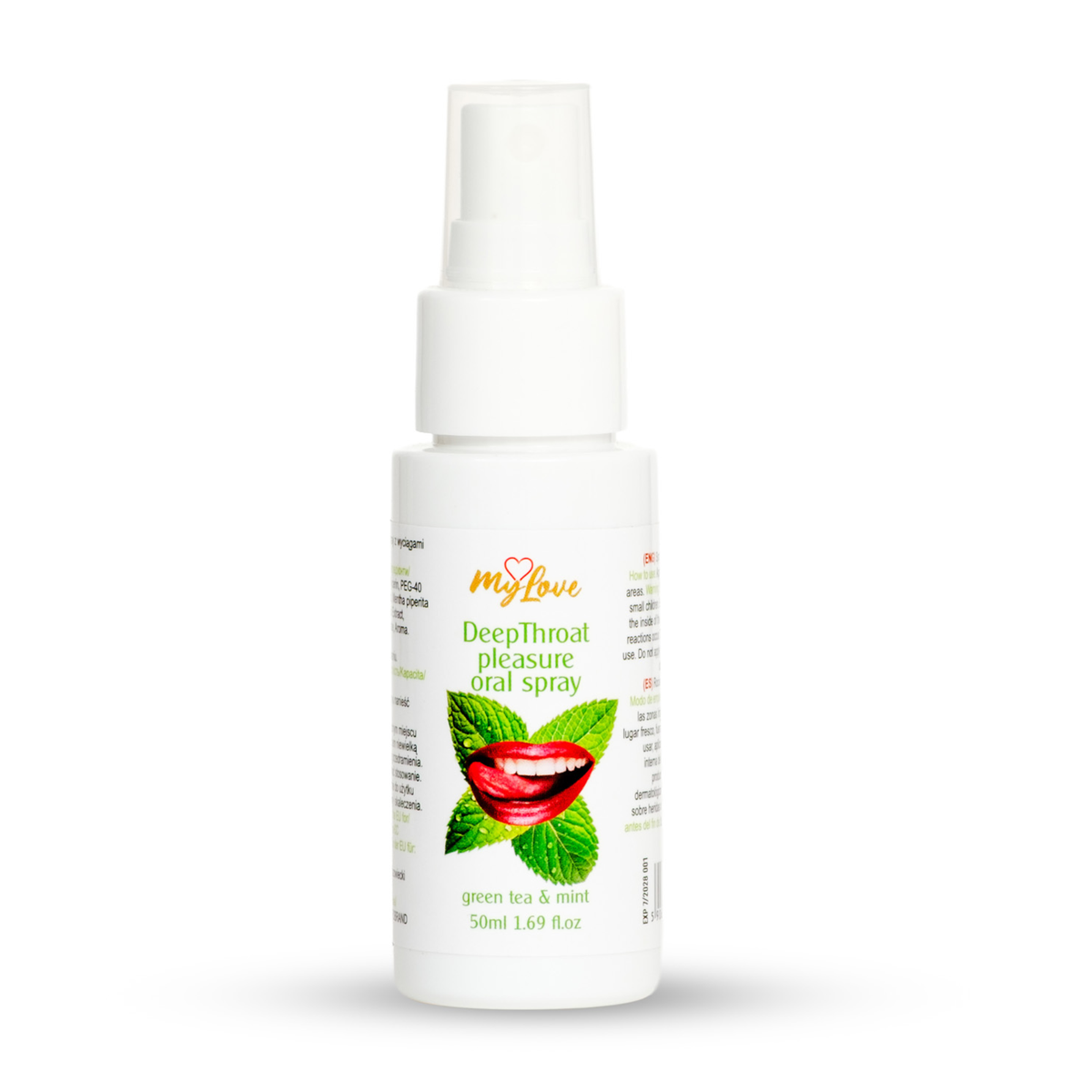 Front view of the 50 ml MyLove Deep Throat Pleasure Oral Spray in Green Tea & Mint flavor standing centered against a white backdrop. The label features fresh mint leaves surrounding a graphic of red lips licking with a tongue. Imagen principal del producto