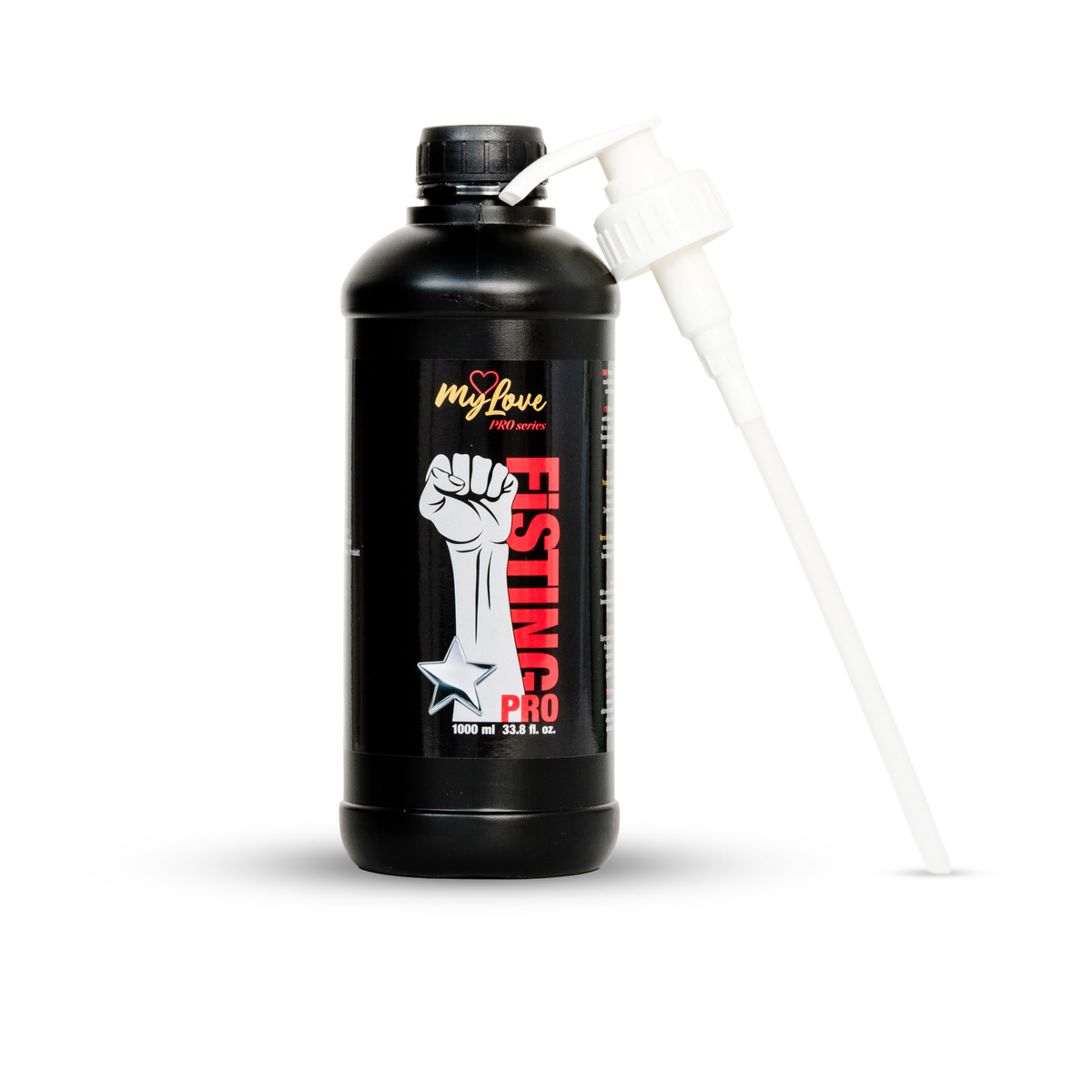 Studio product shot of the 1000 ml MyLove Fisting Pro Gel black bottle standing next to a separate white pump dispenser nozzle. The front label features a graphic of a raised fist with a star and red vertical text reading "FISTING PRO." Imagen principal del producto