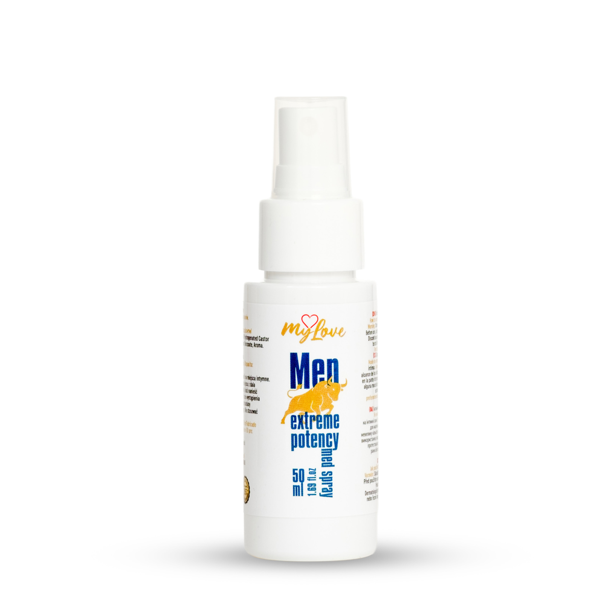 A white plastic spray bottle of MyLove Men Extreme Potency 50 ml, featuring a white pump dispenser and a label with blue and yellow text, set against a plain white background. Imagen principal del producto