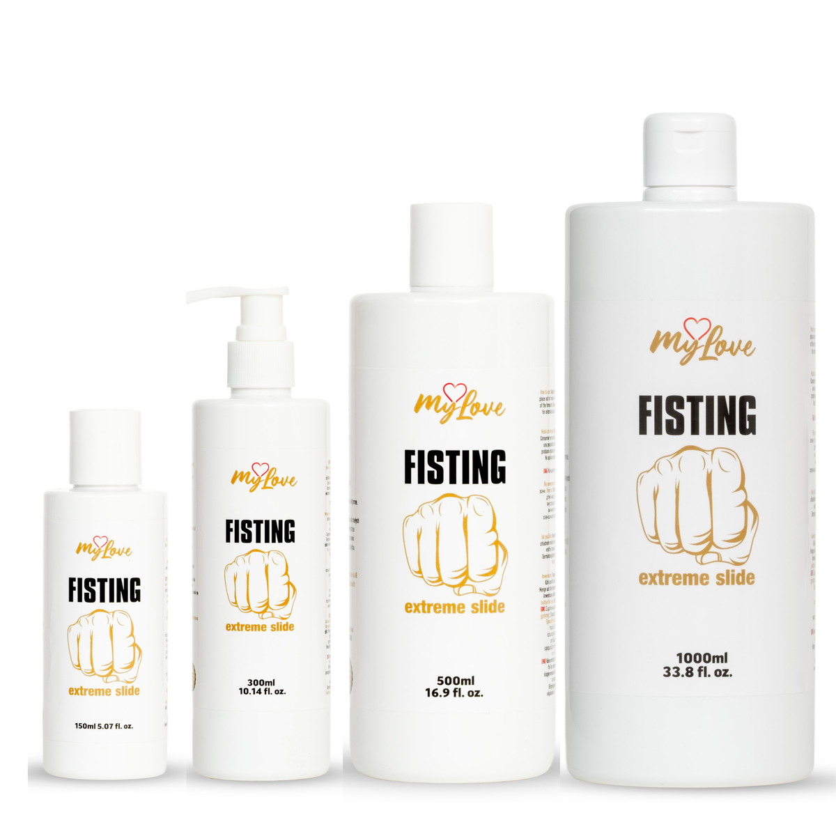 Four white bottles of MyLove Fisting Extreme Slide gel are arranged side-by-side in increasing size order from left to right: 150 ml, 300 ml, 500 ml, and 1000 ml. Each bottle features a gold fist illustration on the front. Imagen principal del producto